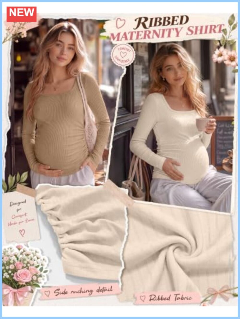 Maternity Long Sleeve Square Neck Ribbed Ruched Tops 4 Pack - Picture 4 of 5